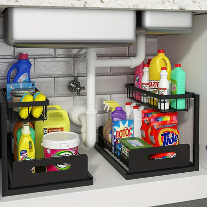 Two Tier Pull-Out Under Sink Organizer – Sliding Cabinet Shelf Storage for Kitchen or Bathroom, Space-Saving and Easy Access for Cleaning Supplies
