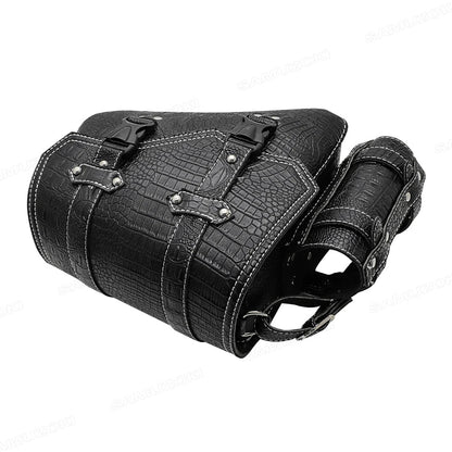 Universal Crocodile Pattern Motorcycle Saddle Bag – Black Plastic Buckle Pouch for Left/Right Side Storage & Tool Organizer on Rides