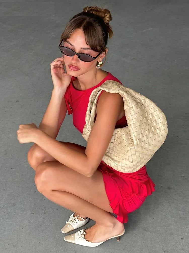 Red Two Piece Set Double-Deck Pleated Tassel Mini Skirt+Bandage  – Sexy Dress for Festival Party Vibes and Summer Beach Getaway