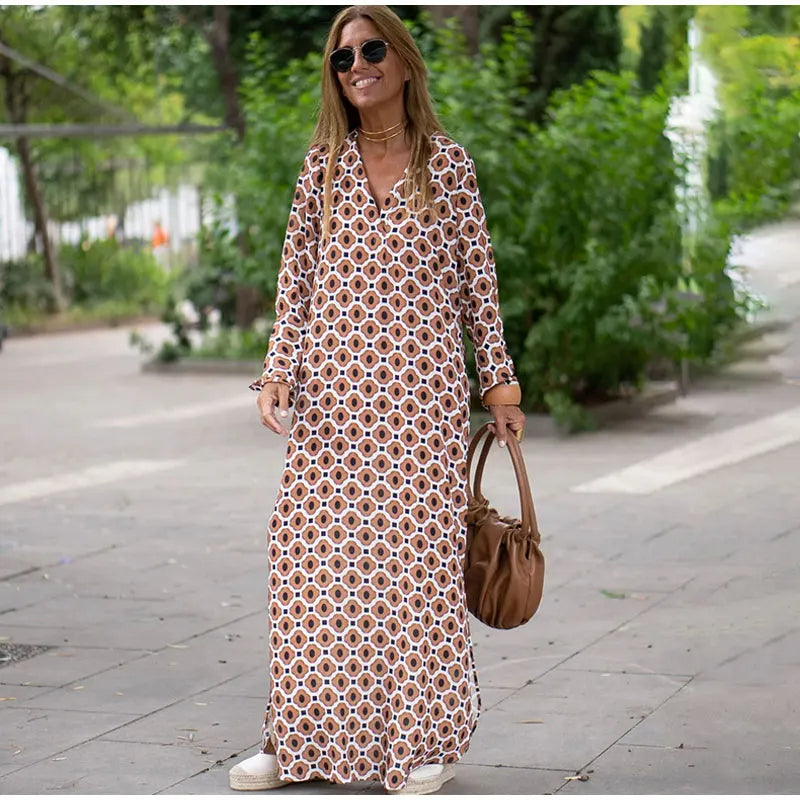 Floral Geometric Split Dress – Women’s Summer Long Sleeve V-Neck Ankle-Length Print Dress for Casual Fashion and Comfortable Elegance