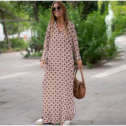 Floral Geometric Split Dress – Women’s Summer Long Sleeve V-Neck Ankle-Length Print Dress for Casual Fashion and Comfortable Elegance