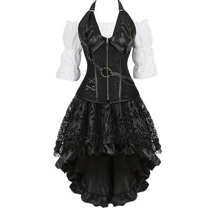 Women’s Pirate Corset Dress – Plus Size Brown Faux Leather Steampunk Costume with Off-Shoulder Blouse for Halloween Party Cosplay