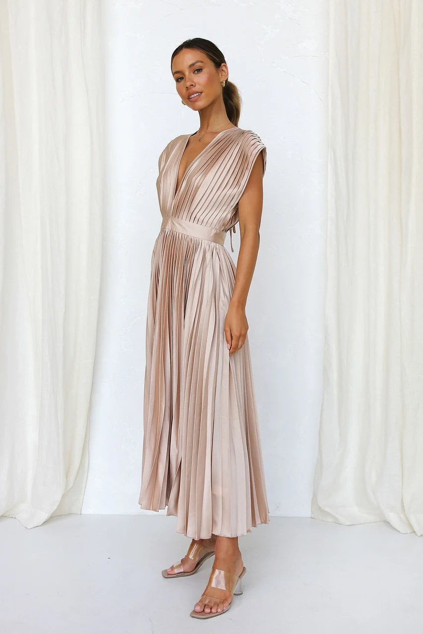 Women’s Sexy Pleated Summer Dress – Slimming French-Inspired V-Neck Long Dress with Zipper Closure, Flowy & Flattering Fit