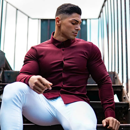 Men’s Super Slim Fit Plain Shirt – Long Sleeve Casual Button-Up for Business, Social Events, and Daily Sophisticated Style