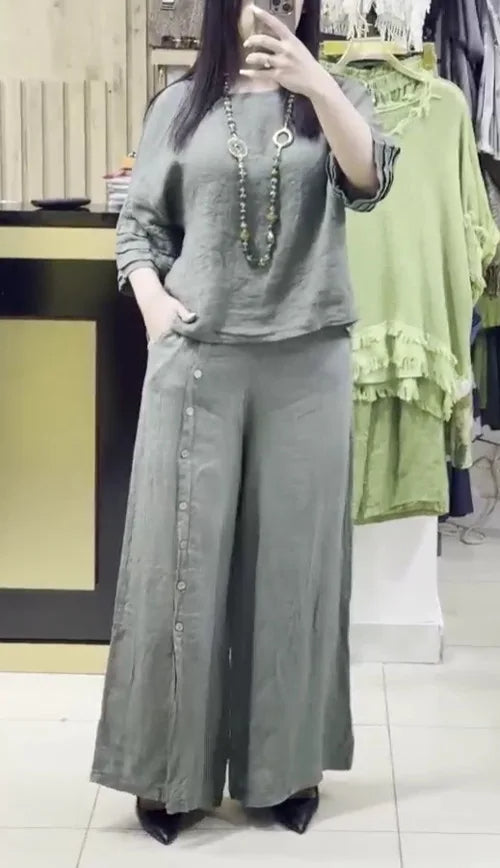 Women’s Loose Two-Piece Summer Set – Casual Button Shirt with 3/4 Sleeves and Slit Wide-Leg Pants for Effortless 2025 Style and Relaxed Elegance