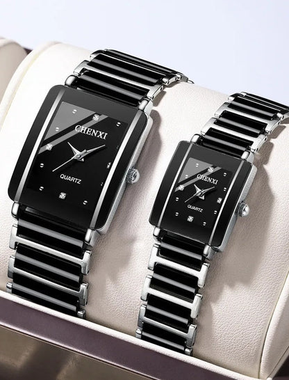 Square Shaped Luxury Couple Watches – 104A Waterproof Watch with Ceramic Strap Timepieces for Men and Women with Elegant Simulated-Ceramics Design