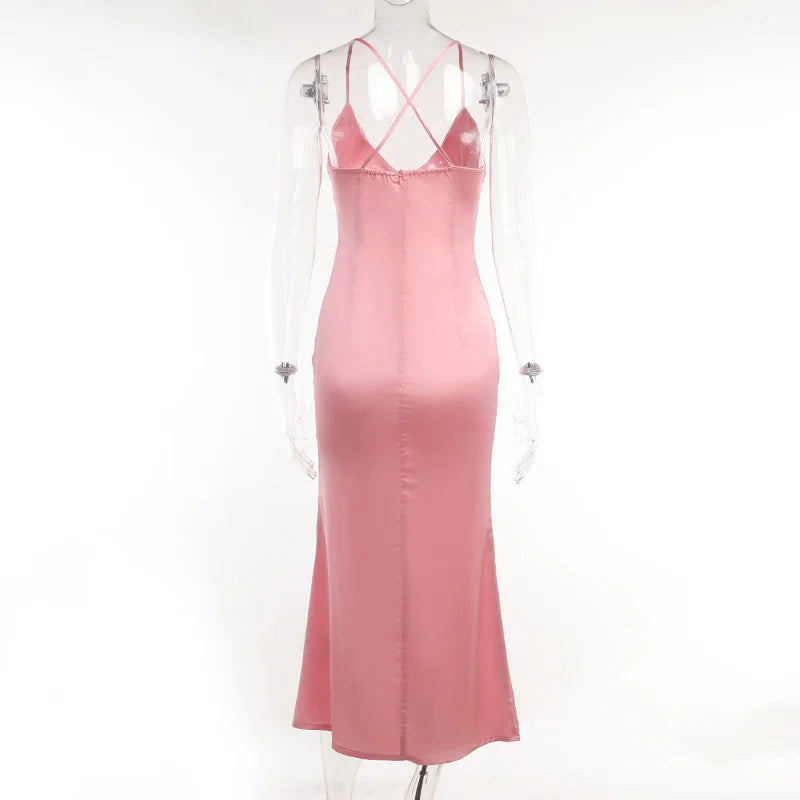 Backless Satin Slip Dress – Sexy Spaghetti Strap V-Neck Bodycon Maxi – High Slit Party Dress