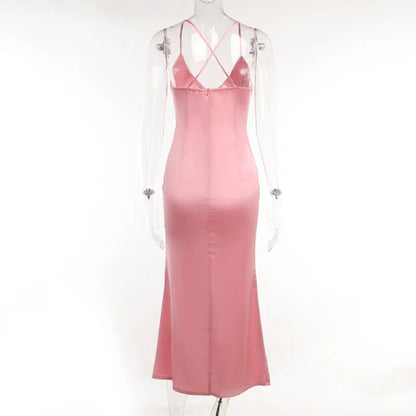 Backless Satin Slip Dress – Sexy Spaghetti Strap V-Neck Bodycon Maxi – High Slit Party Dress