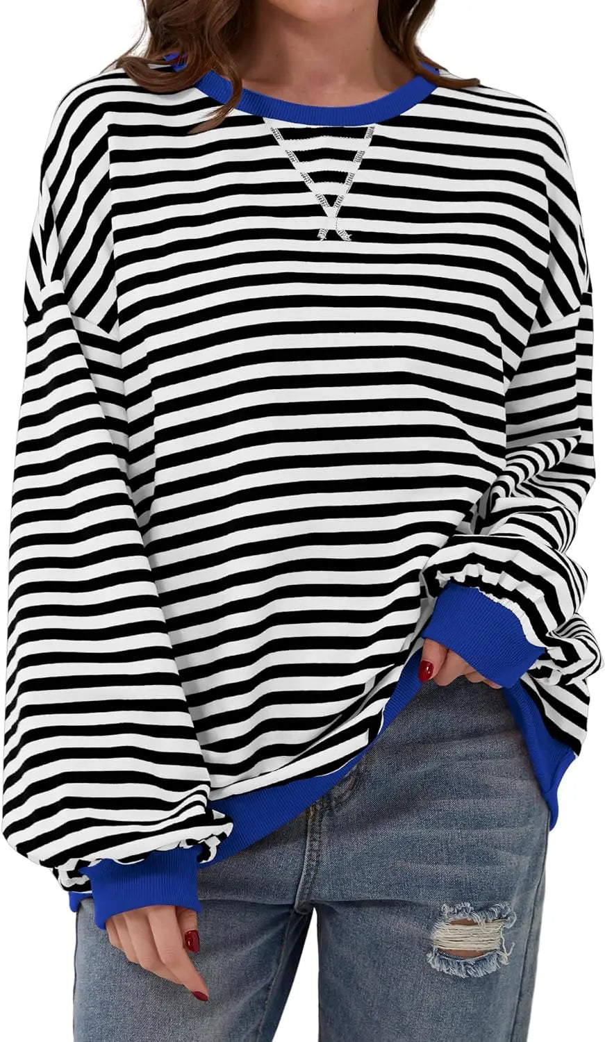 Oversized Striped Pullover Round Neck Sweatshirt – Casual Long Sleeve Crew Neck for a Laid-Back Yet Fashionable Look