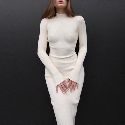 Turtleneck Knitted Midi Dress – Long Sleeve Bodycon Fit for Flawless Autumn & Winter Fashion Statements