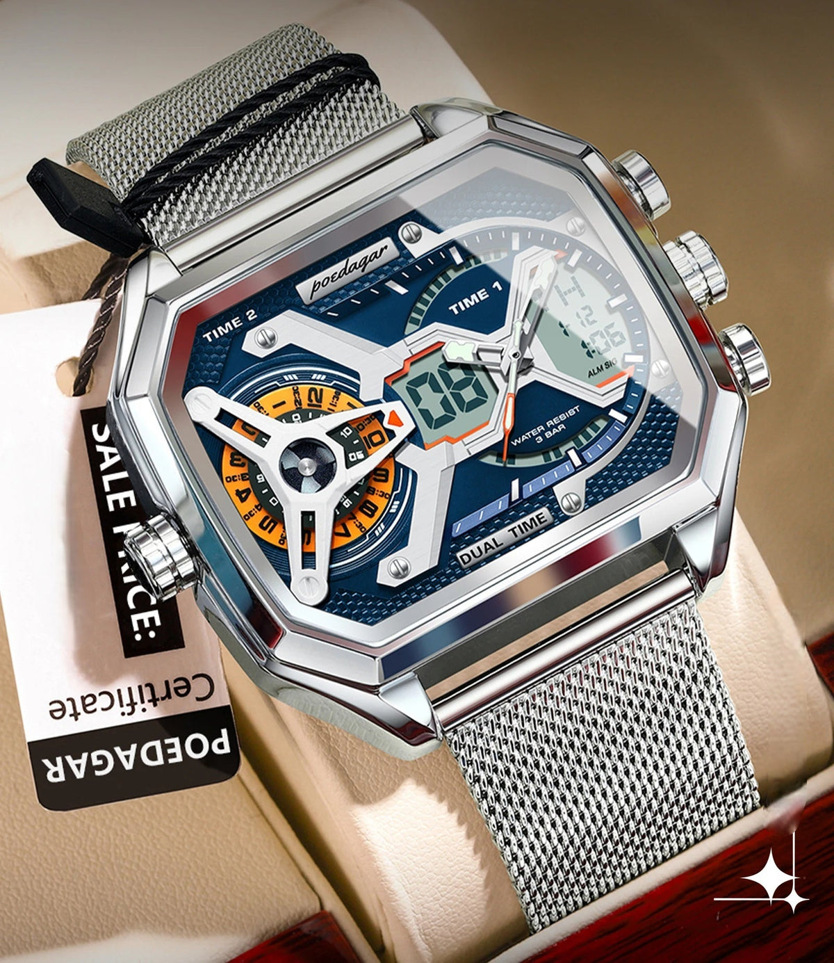 Men's LED Watch – Waterproof Rectangle Stainless Steel Quartz Timepiece with Week & Date Display, Elegant Fashion Accessory
