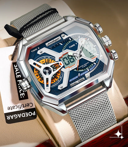 Men's LED Watch – Waterproof Rectangle Stainless Steel Quartz Timepiece with Week & Date Display, Elegant Fashion Accessory