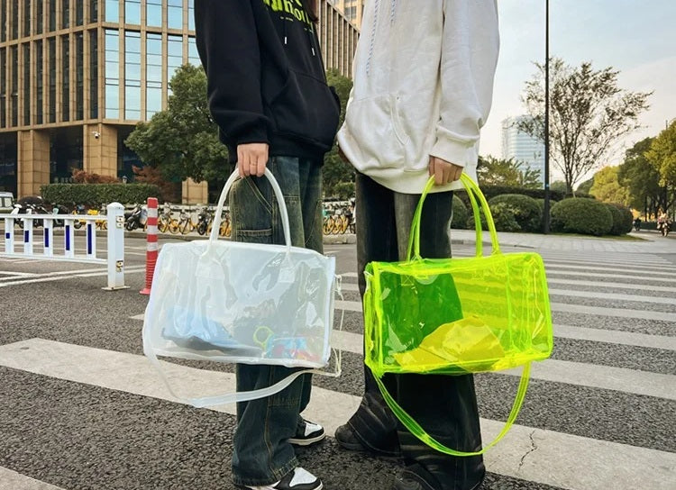 Transparent Candy Color Waterproof Travel and Beach Bag – Large-Capacity Handbag for Toiletries, Men & Women’s Shoulder Satchel