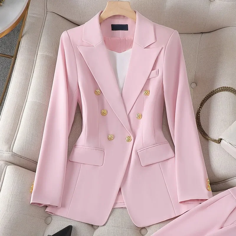 Women's Pant Suit – Double Breasted Business Blazer Set, Gold Buttons – Blazer, Pants or Skirt