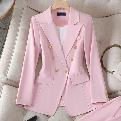 Women's Pant Suit – Double Breasted Business Blazer Set, Gold Buttons – Blazer, Pants or Skirt