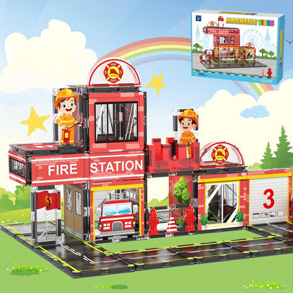 Fire Station Magnetic Construction Playset – Interactive Parking Garage with Vehicles, Ramps, and Traffic Signs for Boys and Girls