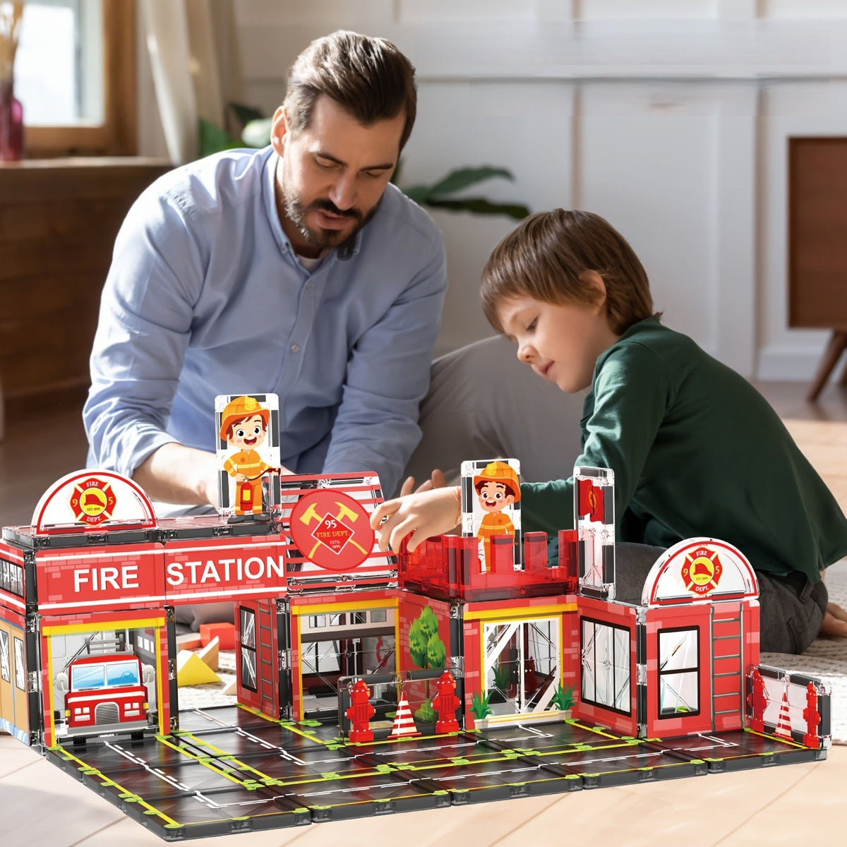 Fire Station Magnetic Construction Playset – Interactive Parking Garage with Vehicles, Ramps, and Traffic Signs for Boys and Girls