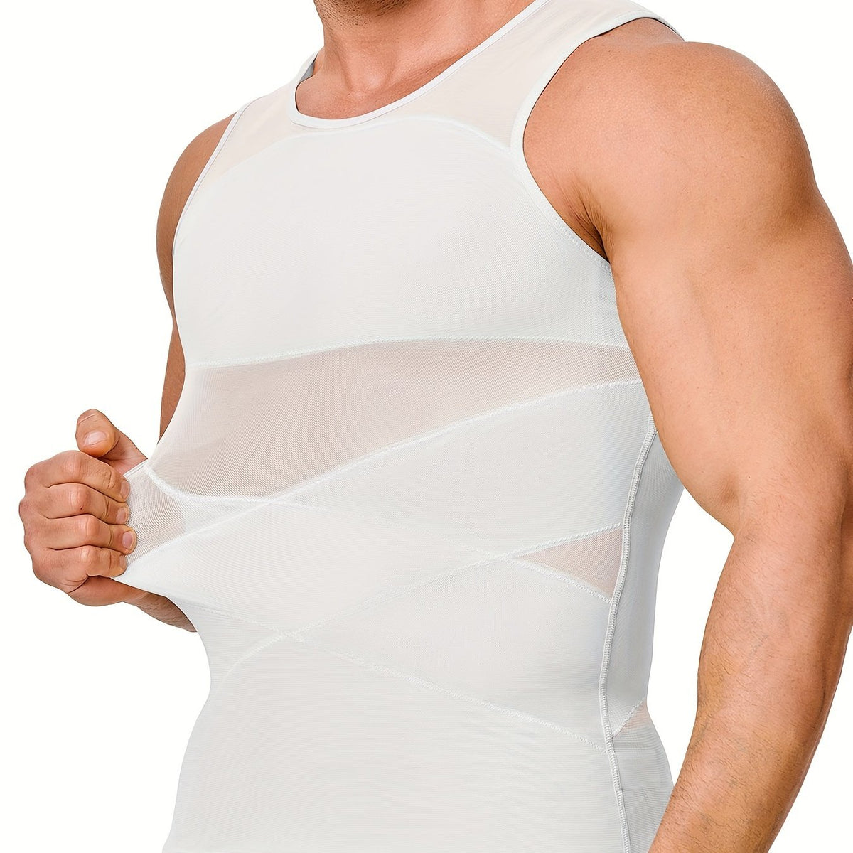 Men’s High-Stretch Nylon Spandex Tank Top – Crew Neck Compression Vest with Mesh Contrast & Skinny Fit Design