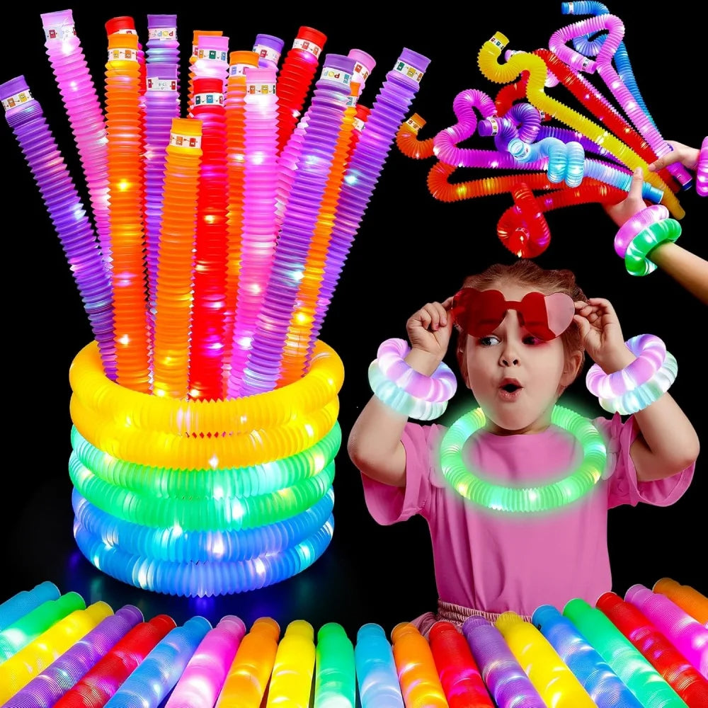 LED Flash Tube Sensory Toy – Set of 3/6/12/18 PCS Corrugated Plastic Squeeze Stress-Relief Tubes for Kids and Adults with Autism Support