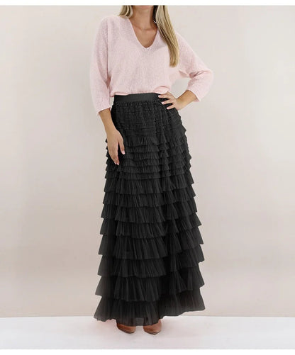 Layered High Waist Ruffles Pink Tulle Skirt – Vintage-Inspired Maxi Skirt for Romantic, Feminine Outfits Anytime