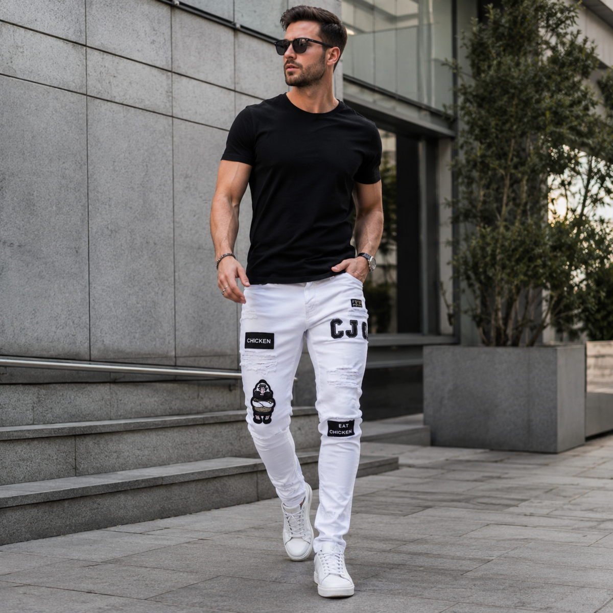 Stretch Cotton Men's Ripped Skinny Jeans - Slim Fit Denim Pants with Distressed Holes, Casual Hip Hop Streetwear Trousers for Daily Wear