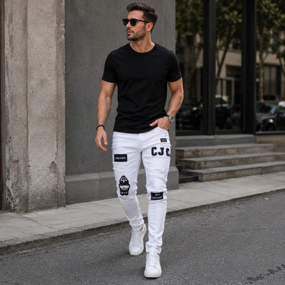 Stretch Cotton Men's Ripped Skinny Jeans - Slim Fit Denim Pants with Distressed Holes, Casual Hip Hop Streetwear Trousers for Daily Wear