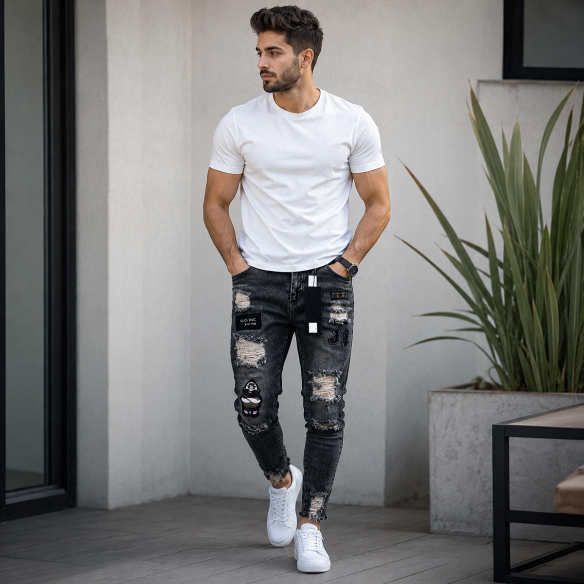 Stretch Cotton Men's Ripped Skinny Jeans - Slim Fit Denim Pants with Distressed Holes, Casual Hip Hop Streetwear Trousers for Daily Wear