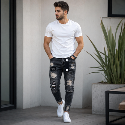 Stretch Cotton Men's Ripped Skinny Jeans - Slim Fit Denim Pants with Distressed Holes, Casual Hip Hop Streetwear Trousers for Daily Wear