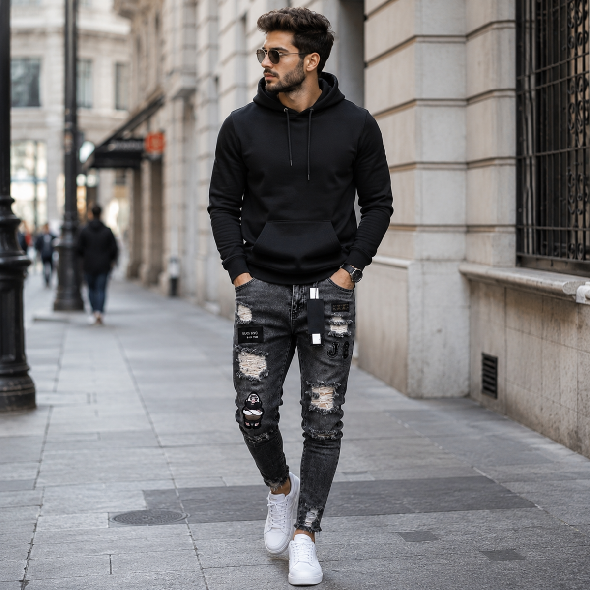 Stretch Cotton Men's Ripped Skinny Jeans - Slim Fit Denim Pants with Distressed Holes, Casual Hip Hop Streetwear Trousers for Daily Wear
