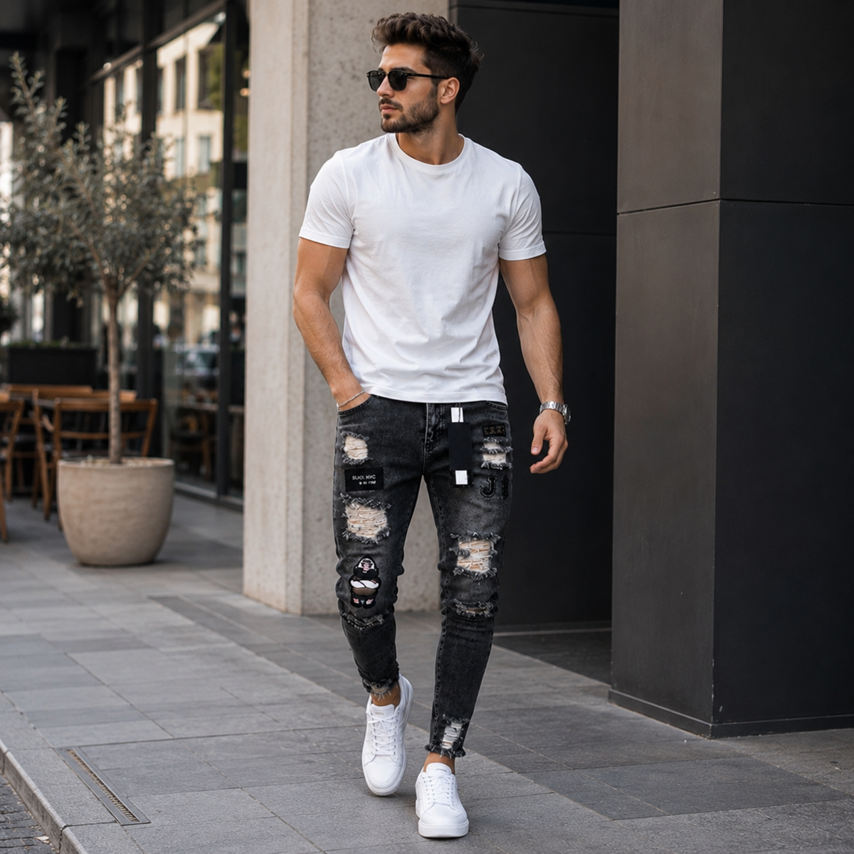 Stretch Cotton Men's Ripped Skinny Jeans - Slim Fit Denim Pants with Distressed Holes, Casual Hip Hop Streetwear Trousers for Daily Wear