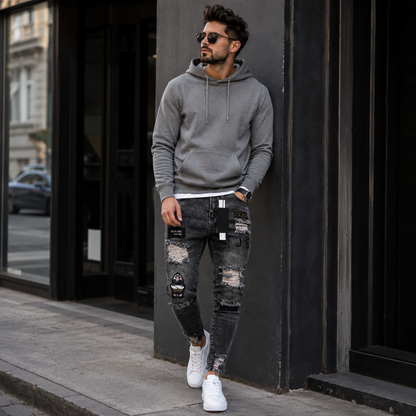 Stretch Cotton Men's Ripped Skinny Jeans - Slim Fit Denim Pants with Distressed Holes, Casual Hip Hop Streetwear Trousers for Daily Wear