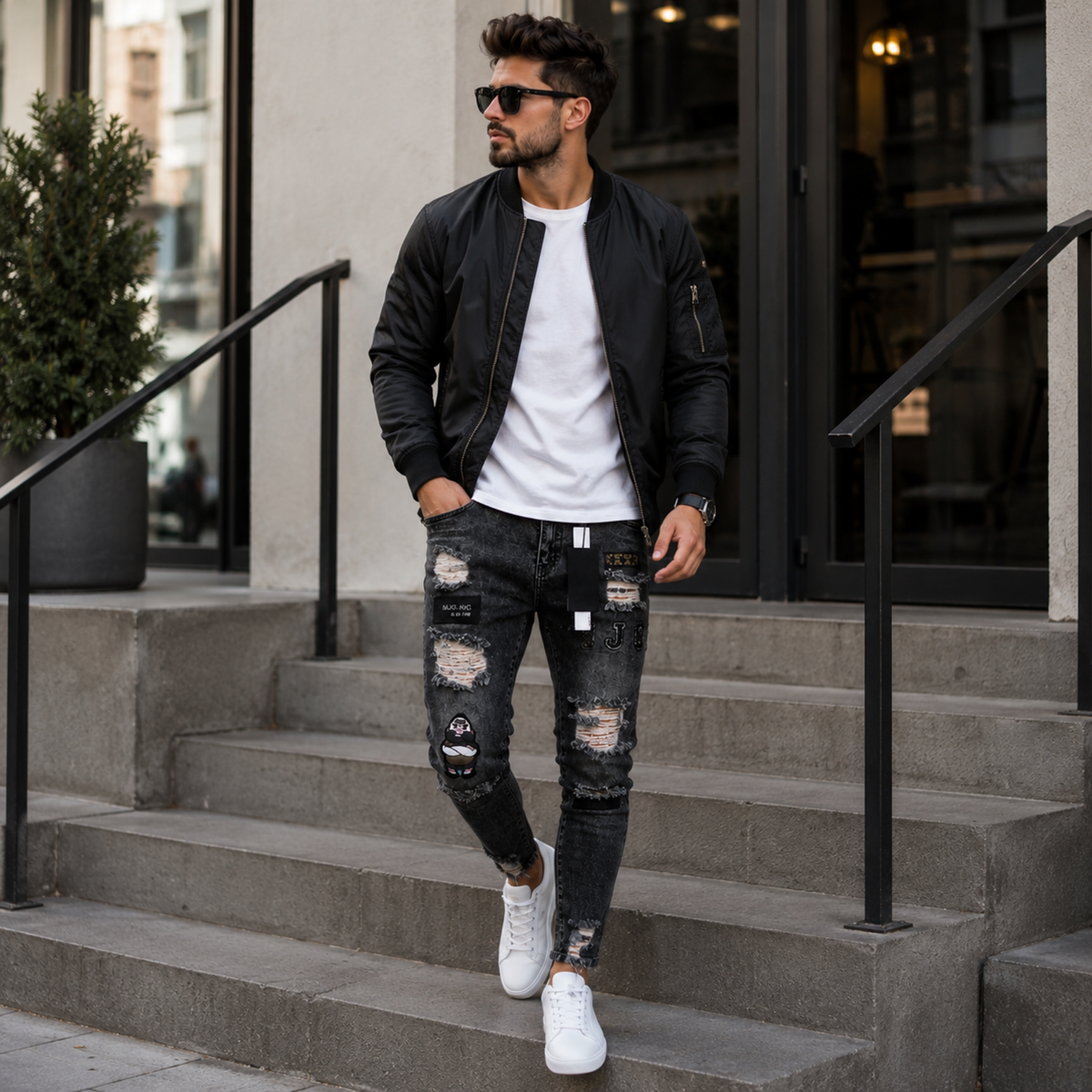 Stretch Cotton Men's Ripped Skinny Jeans - Slim Fit Denim Pants with Distressed Holes, Casual Hip Hop Streetwear Trousers for Daily Wear