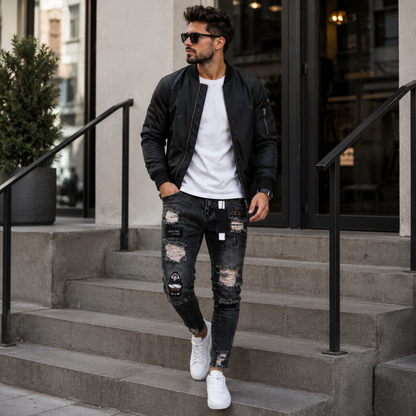Stretch Cotton Men's Ripped Skinny Jeans - Slim Fit Denim Pants with Distressed Holes, Casual Hip Hop Streetwear Trousers for Daily Wear