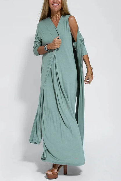 Chic V-Neck Dress & Cardigan Set – Sleeveless Long Vest Dress with Fall-Ready Casual Layered Elegance