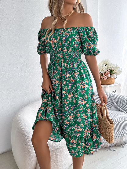 Floral Ruffled Square Neck Dress – Elegant Short Sleeve Summer Dress for Feminine Charm & Seasonal Sophistication