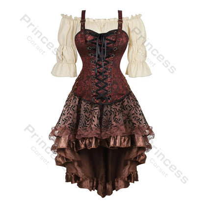 Women’s Pirate Corset Dress – Plus Size Brown Faux Leather Steampunk Costume with Off-Shoulder Blouse for Halloween Party Cosplay