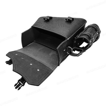 Universal Crocodile Pattern Motorcycle Saddle Bag – Black Plastic Buckle Pouch for Left/Right Side Storage & Tool Organizer on Rides