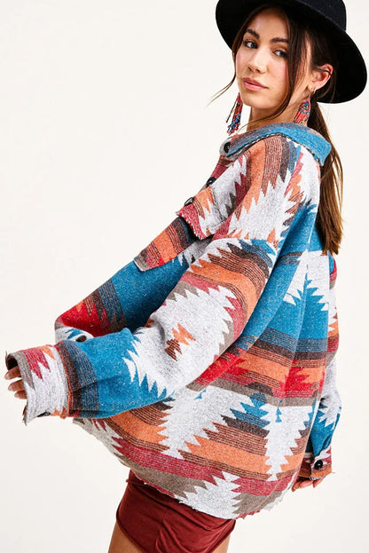 Vintage Aztec Denim Jacket with Collar – Wool Lined Loose Fit Long Sleeve Outerwear for Trendy Streetwear Vibes