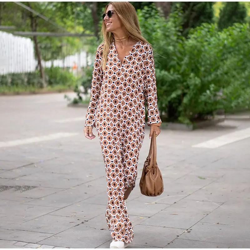 Floral Geometric Split Dress – Women’s Summer Long Sleeve V-Neck Ankle-Length Print Dress for Casual Fashion and Comfortable Elegance