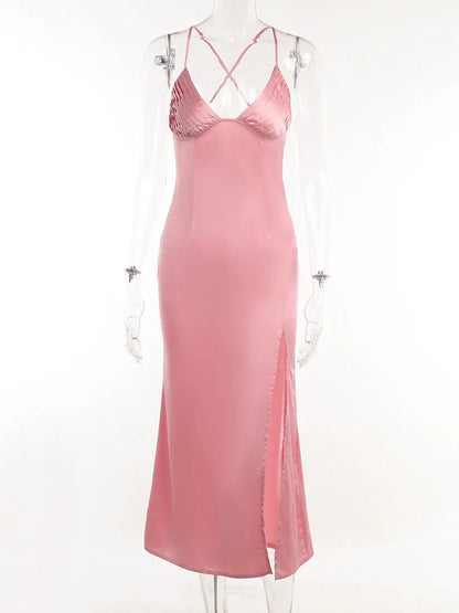 Backless Satin Slip Dress – Sexy Spaghetti Strap V-Neck Bodycon Maxi – High Slit Party Dress