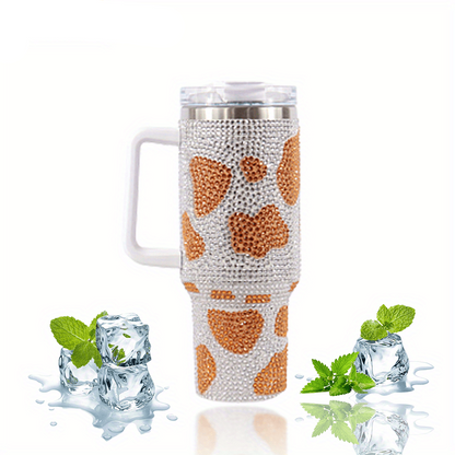Stainless Steel Insulated Cow Print Tumbler – 40oz Travel Mug with Handle and Straw Lid, Heat-Preserving, Perfect Gift for Camping, Sports, and Outdoor Adventures