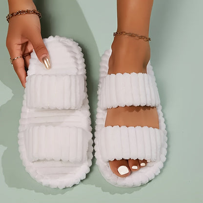 Women's Elegant Plush Slippers - Warm Lining, Open-Toe Style, Non-Slip Sole for Indoor Cozy Comfort & Style