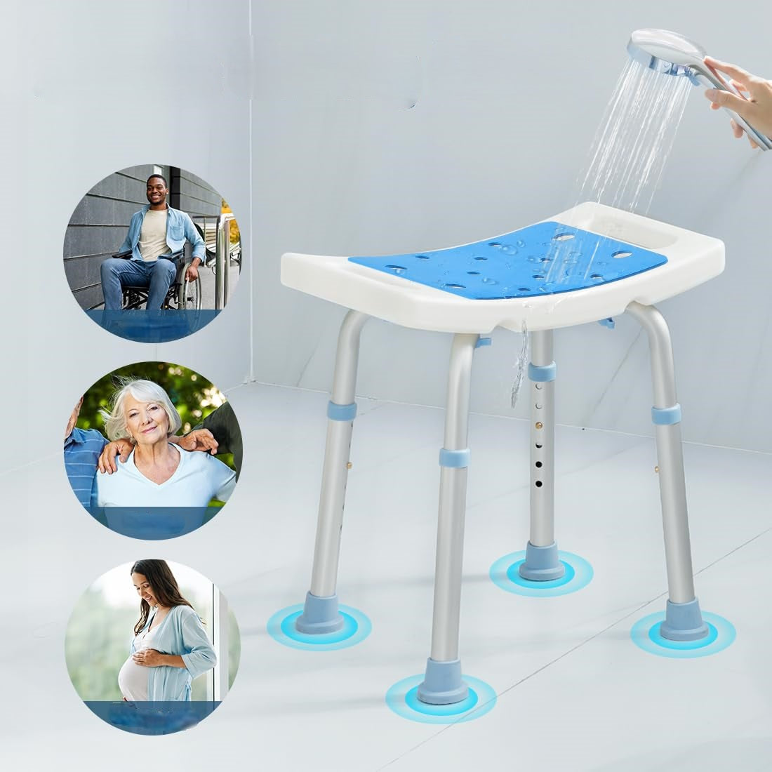 Heavy-Duty Aluminum Bathroom Stool - Shower Chair with Non-Slip Feet for Elderly, Disabled, PE/Rubber Comfort Seating with Adjustable Height
