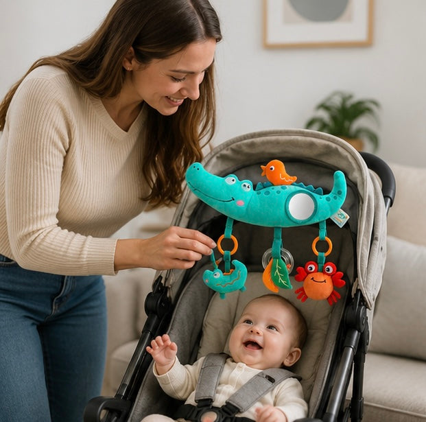 Baby Stroller Arch Toy - Plush Activity Hanging Toy with Sounds for Car Seats, Prams and Sensory Exploration