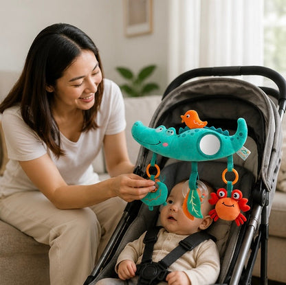 Baby Stroller Arch Toy - Plush Activity Hanging Toy with Sounds for Car Seats, Prams and Sensory Exploration