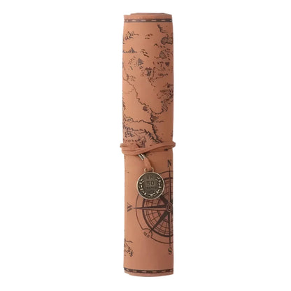 Retro Treasure Map Leather Pencil Case – Large Capacity Roll-Up Stationery Organizer with Embossed Buckle for Stylish School Supplies