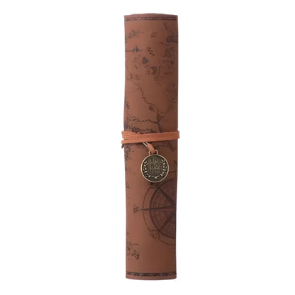 Retro Treasure Map Leather Pencil Case – Large Capacity Roll-Up Stationery Organizer with Embossed Buckle for Stylish School Supplies