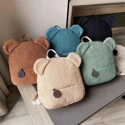 Cute Bear Ear Fleece Kids Backpack – Warm Lambswool Small Daypack for Girls, Travel, School, Shopping & Cozy Outings