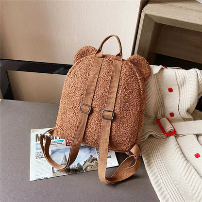 Cute Bear Ear Fleece Kids Backpack – Warm Lambswool Small Daypack for Girls, Travel, School, Shopping & Cozy Outings