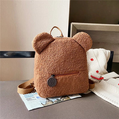 Cute Bear Ear Fleece Kids Backpack – Warm Lambswool Small Daypack for Girls, Travel, School, Shopping & Cozy Outings